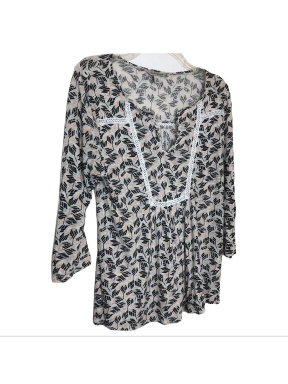 Lucky Brand Boho Top Embroidered Knit 3/4 Sleeve Leaf Print Beige/Black Size M - Picture 11 of 11